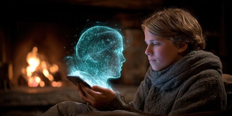 Boy interacting with a holographic face while sitting by a cozy fireplace in a cabin during the evening