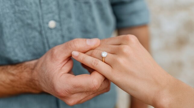 Couple celebrating engagement with ring exchange