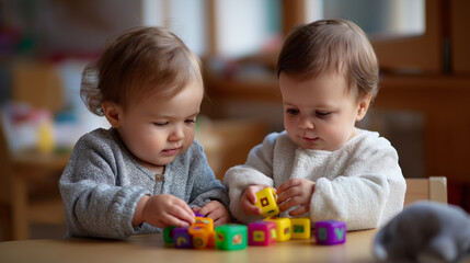 Obraz premium Adorable toddlers playing together learning alphabet colorful letters faceless youngsters defocused daycare background early childhood education preschool development childcare