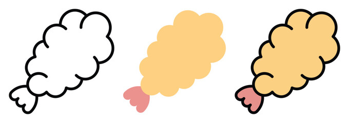 Fried Fish Icon Set in Outline, Color & Flat Style