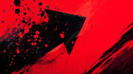 Bold graphic design features a stark black upward arrow overlaid on a vibrant red and black textured background.
