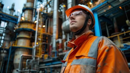 A worker wearing protective gear at an industrial enterprise will emphasise the theme of occupational safety, serving as a reliable backdrop for training materials on safety techniques.
