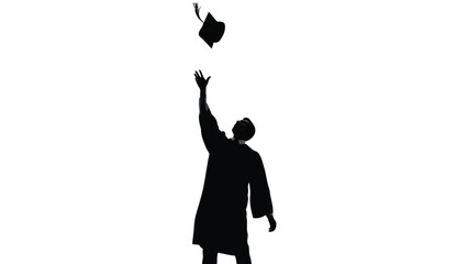 Black silhouette of a graduate in academic gown throwing mortarboard cap high into the air celebrating success, minimalist vector art, isolated on white background