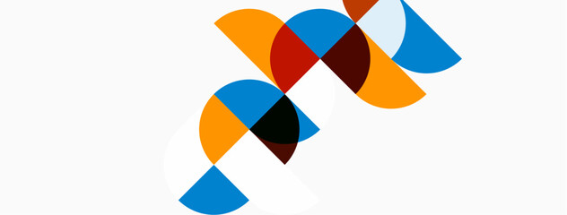 Abstract geometric shapes overlap, creating vibrant color blocks. Composition features orange, blue, red, black elements on white background.