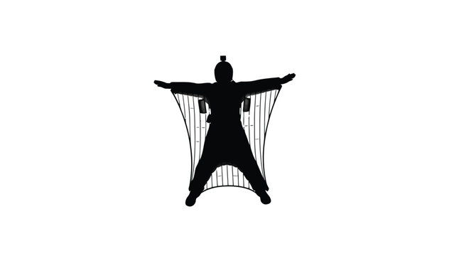 Black silhouette of a wingsuit skydiver flying with arms outstretched, extreme sports icon, minimalist vector art, graphic design element, isolated on white background