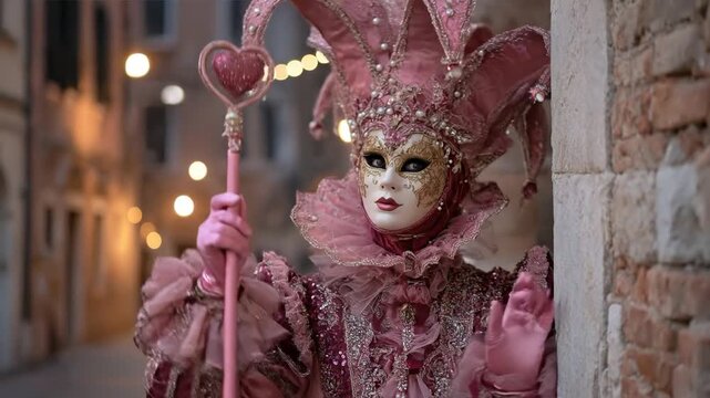 Woman wearing a pink Venetian carnival mask and jester hat, holding a heart scepter, peeking from behind a wall for Mardi Gras.