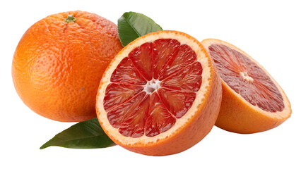 Fresh whole blood orange fruit and a vibrant half cut out on PNG isolated on white. AI GENERATED.