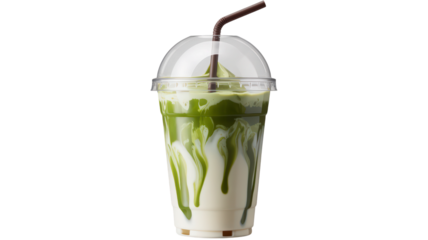 Matcha latte in clear plastic cup isolated on transparent background showcasing layered green tea drink with straw for modern cafe beverage and refreshment concept