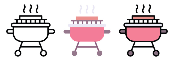 Grill Cooking Icon Set in Outline, Color & Flat Style