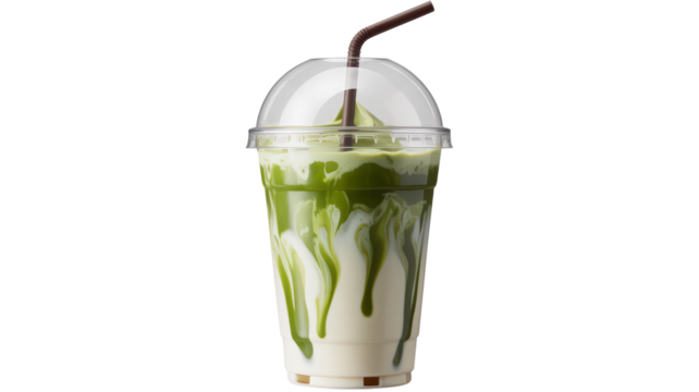 Matcha latte in clear plastic cup isolated on transparent background showcasing layered green tea drink with straw for modern cafe beverage and refreshment concept