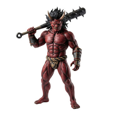 Red Oni demon standing with spiked club. Japanese folklore concept