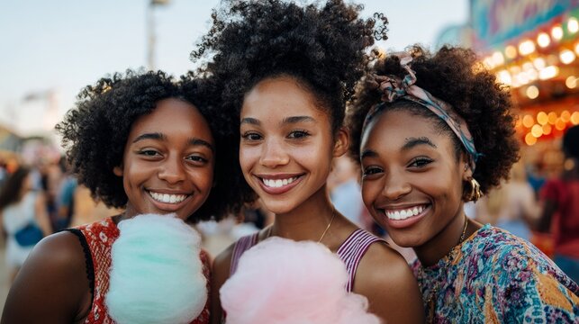 Three women enjoying cotton candy at a carnival or festival.
