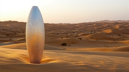 Unique Glass Perfume Bottle Standing In Desert Landscape