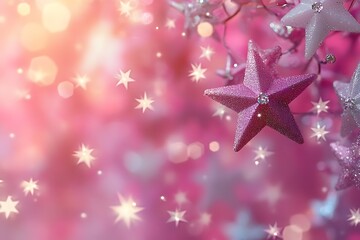 Fototapeta premium Glittery holiday stars on a bright pink background create a festive atmosphere