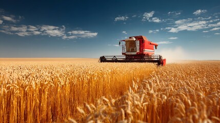 Obraz premium Heavy machinery harvests ripe grain under a broad blue sky