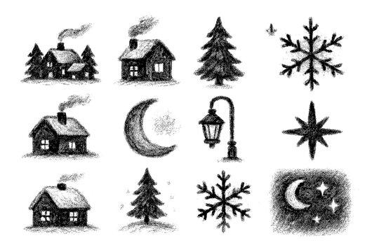 Chalk style winter elements: snowy houses, pine trees, and moonlit night imagery - Powered by Adobe