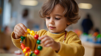 Youngster exploring educational toys promoting creativity faceless child defocused background early development scene learning material interaction cognitive skill building