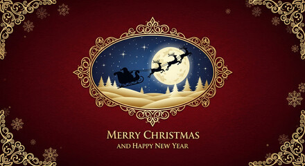 Festive image of sleigh with reindeer flying over a snowy landscape under a full moon, framed with golden ornament, represents Christmas holiday spirit