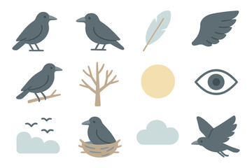 Fototapeta premium Minimalist crow and nature elements set for design projects