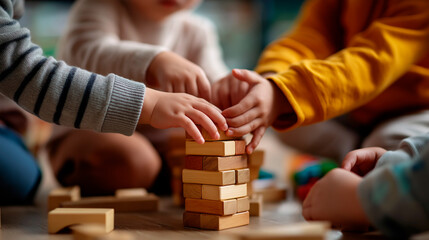 Happy diverse collective of preschool youngsters sit on floor building towers faceless children defocused background colorful wooden blocks construction collaborative play