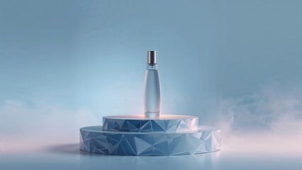 A perfume bottle displayed on a geometric stand with mist and a soft blue background. Fragrance and beauty product. The concept of luxury and elegance.