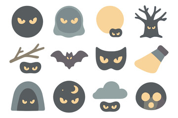 Fototapeta premium Spooky halloween icons: ghosts, bats, and mysterious eyes in flat style