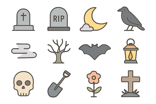Halloween icons: spooky elements in simple linear style with grave, skull, bat, and lantern - Powered by Adobe
