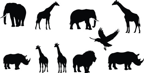African animal silhouettes, wildlife profile, giraffe elephant rhino, lion and bird, savanna creatures, nature icons, jungle fauna, black shapes, side view
