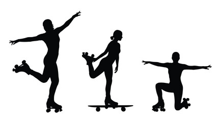 Fototapeta premium Set of three female roller skating silhouettes performing dynamic poses, including balancing and stretching on quad skates, flat vector art, isolated on white background