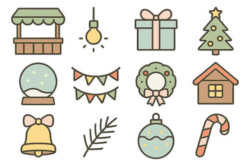 Festive holiday icons collection featuring christmas ornaments and decorations