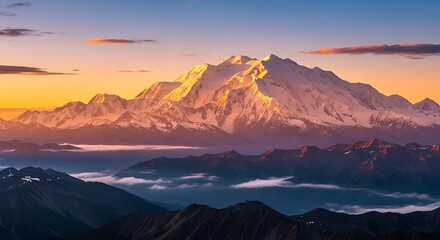 Mount rainier bathed in golden light at sunrise with clouds in valley