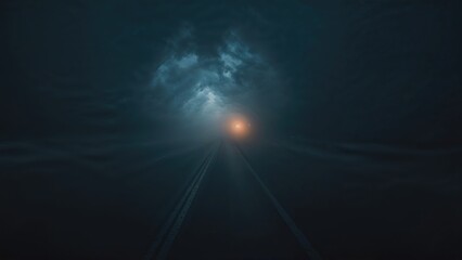 Obraz premium A dark, cloudy night with a distant bright light on the horizon and faint tracks leading towards it.