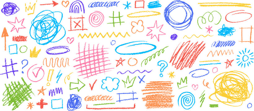 Hand drawn colored pencil scribbles, rough sketch stars, and underlines. Grunge chalk graphics elements, colorful charcoal arrows, circles and squiggles, abstract crayon textured doodles vector set