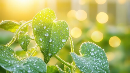 Water droplets on a green leaf bathed in morning sunlight