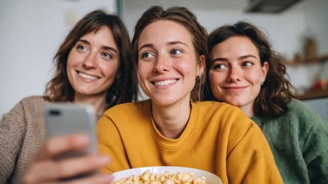 Three women enjoying a movie together, smiling and sharing a moment.