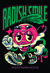 Cartoon Radish Character Smoking and Holding a Drink