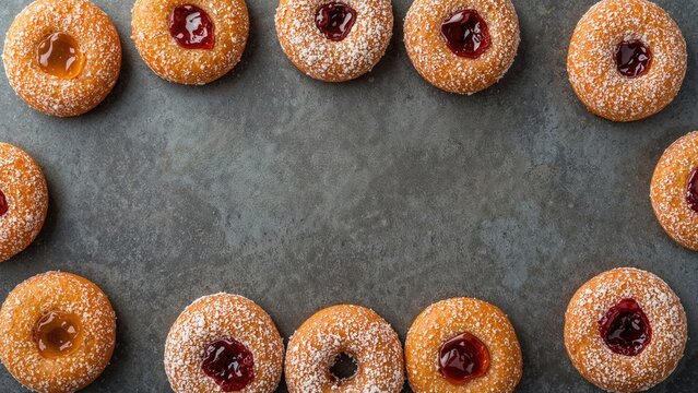 Assorted donut holes with sugar coating and fruit jam filling, arranged on a gray surface.