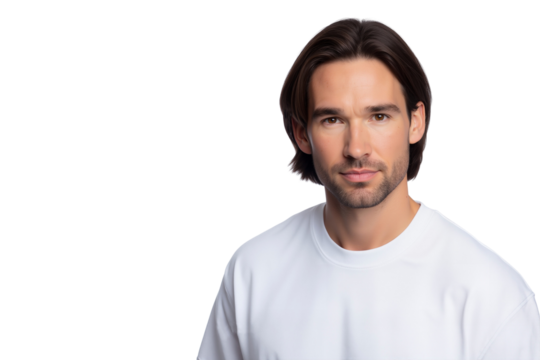Portrait of a handsome young man wearing a white sweatshirt, looking directly at the camera isolated on transparent background - Powered by Adobe