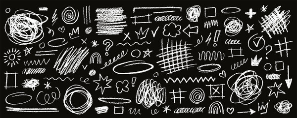 Hand drawn chalk scribbles, rough sketch lines, stars, and squiggles. Grunge white chalk graphics elements on blackboard, messy arrow and circle sketches, crayon textured doodles vector set