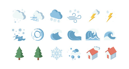 Weather icons set featuring clouds, snowflakes, wind, waves, and trees in flat design
