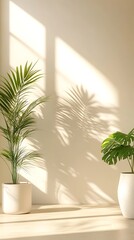 Indoor plants in white pots with sunlight casting shadows on wall background
