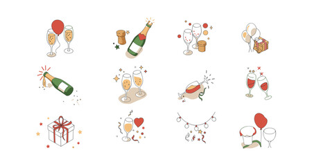 Festive champagne celebration icons: minimalist party design with bubbles and gifts