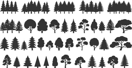 Silhouette forest tree collection featuring pine and leafy trees, nature landscape elements, botanical woodland illustration set for outdoor scenery and environmental designs