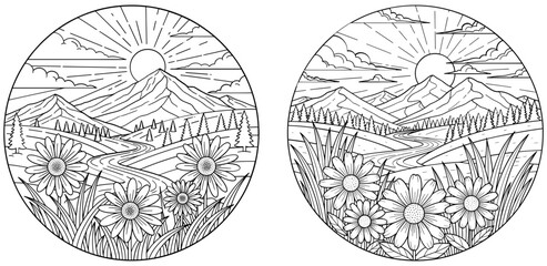 Line art illustration of a tranquil mountain landscape with sun, river, and daisies
