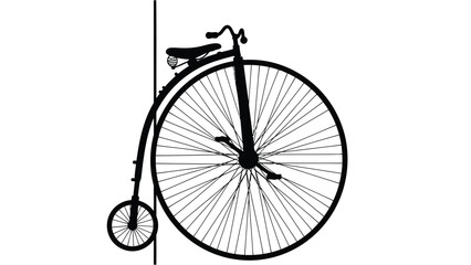 Fototapeta premium Black silhouette of vintage high wheel bicycle or penny farthing leaning against a vertical line, classic transportation icon, flat vector art design, isolated on white background