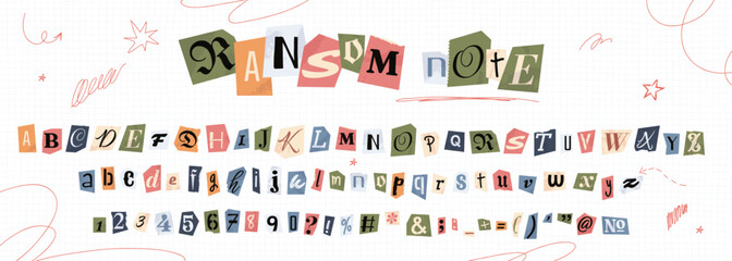 Obraz premium Colorful collage font, vintage newspaper cutout alphabet for ransom note. Grunge paper cut out letters and numbers, anonymous letter style typeface with hand drawn doodle elements vector illustration