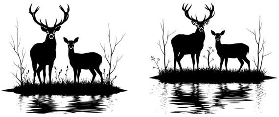 Deer family silhouette stag and doe on a grassy bank with water reflection