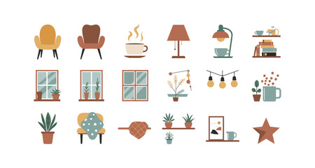 Cozy home d&eacute;cor elements in flat design style for interior inspiration