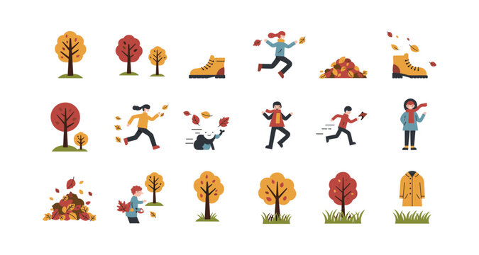 Autumn activities: playful characters and fall foliage in simplistic style