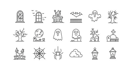 Obraz premium Halloween icon set: ghosts, haunted houses, spider, pumpkin, and more in linear style